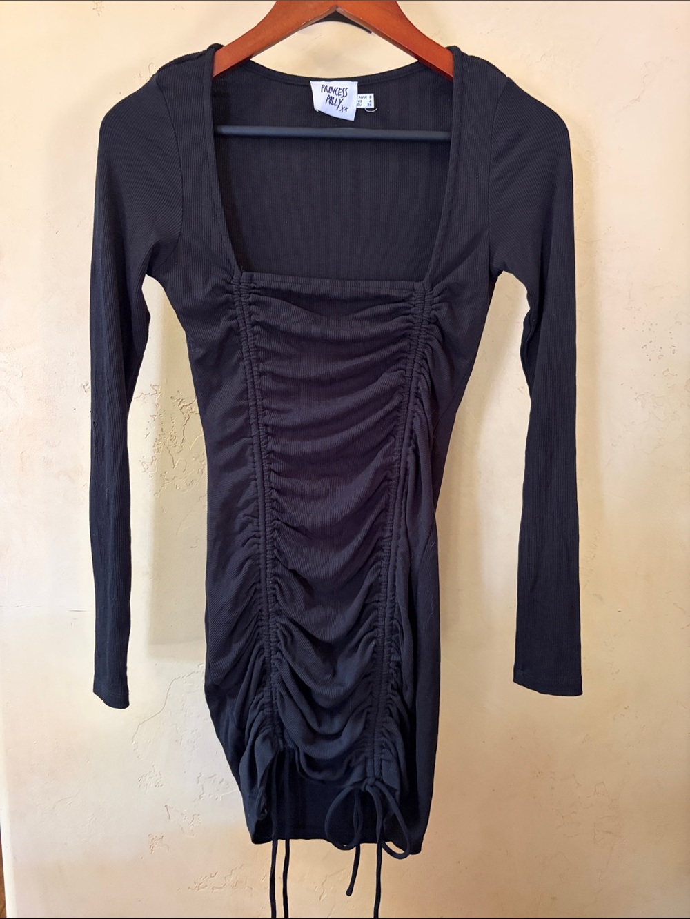 Sz 4 Princess Polly Black Ruched Long Sleeve Bodycon Mini Dress